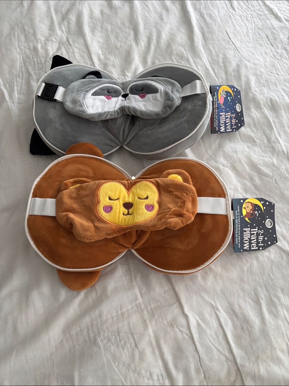 Kids Travel Pillow with Cute Animal Eye Mask - Gray & Brown